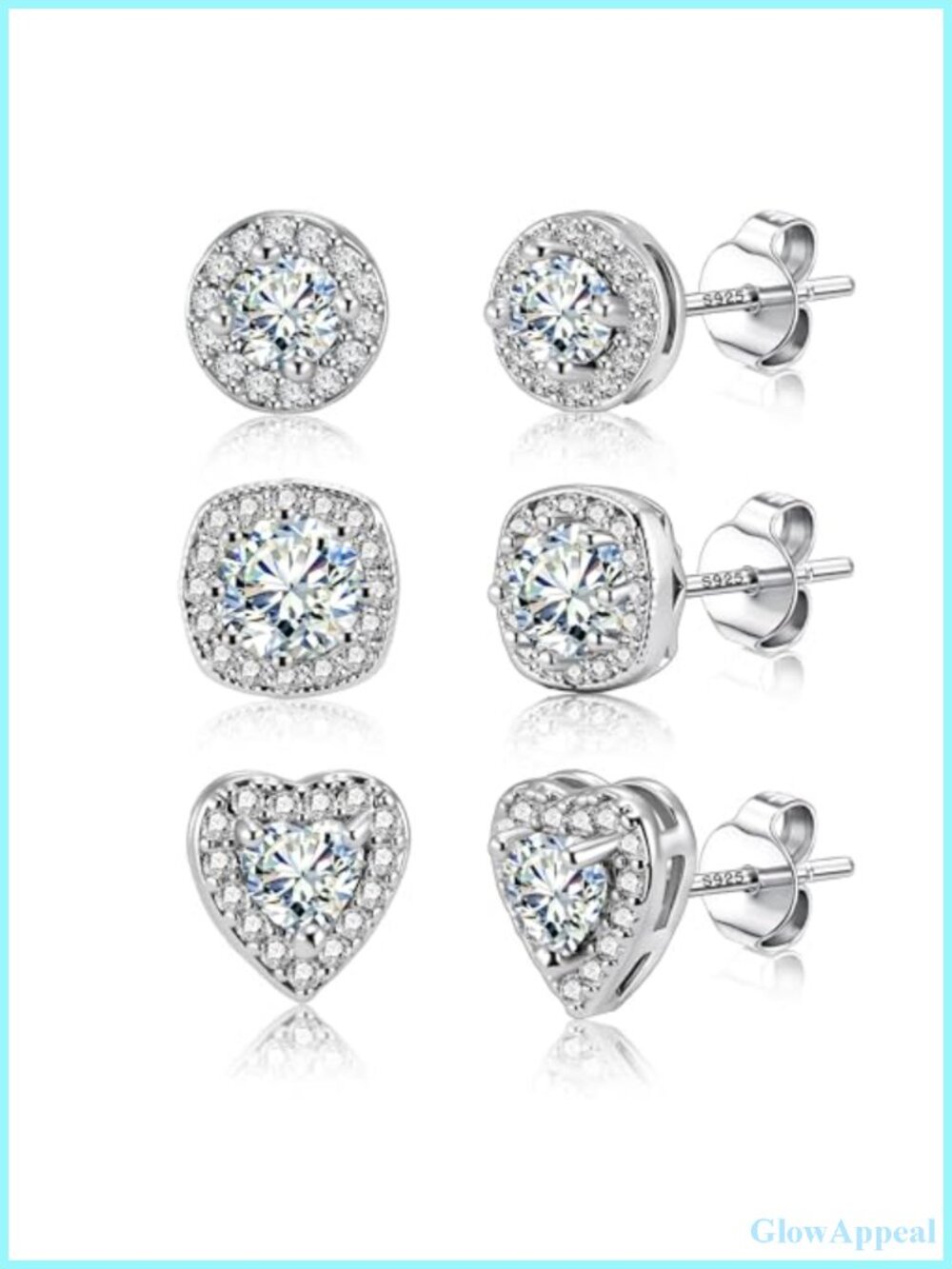 Set of 3 Silver Cubic Zirconia Halo Stud Earrings Hypoallergenic